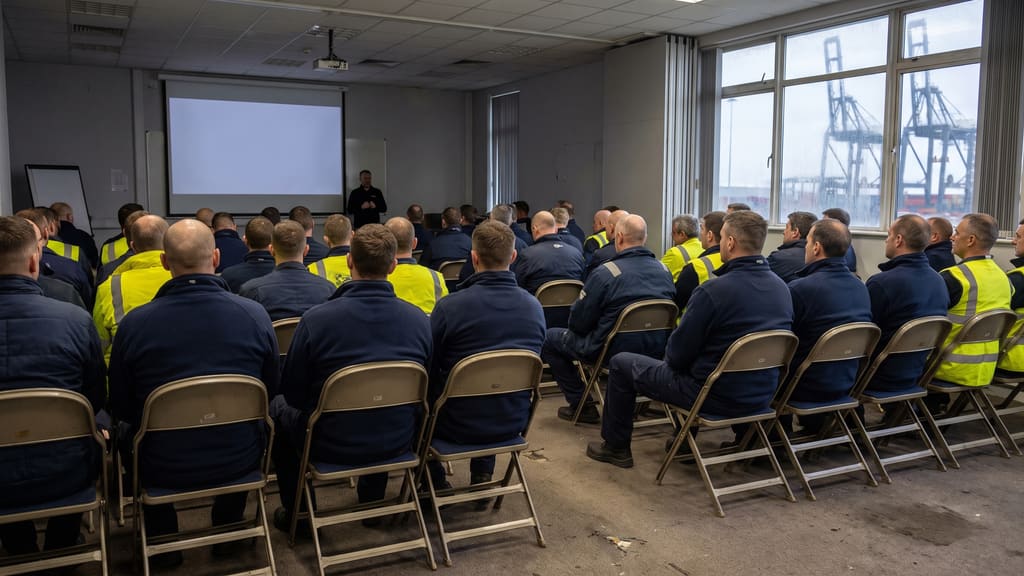 A full room of contractors in work clothing sitting through a briefing at the port, quayside cranes through the windows.