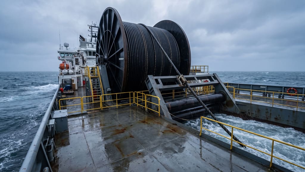 A loaded cable drum and quadrant on the aft deck of a cable lay vessel in a grey swell.