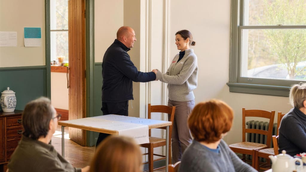 Two people shaking hands at the front of a village hall meeting, with residents watching from their seats.