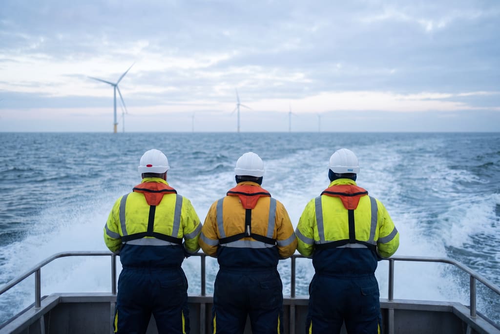Three technicians in life jackets and hard hats at the rail of a transfer vessel, watching a line of turbines on the horizon.