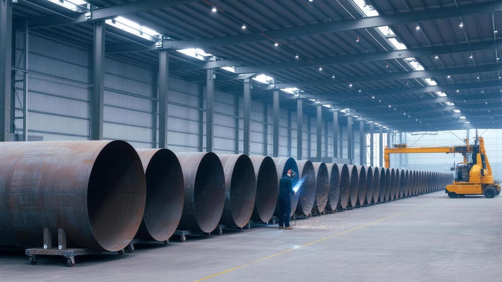 Rolled steel cans lined up down a fabrication hall, with a welder at work between them.