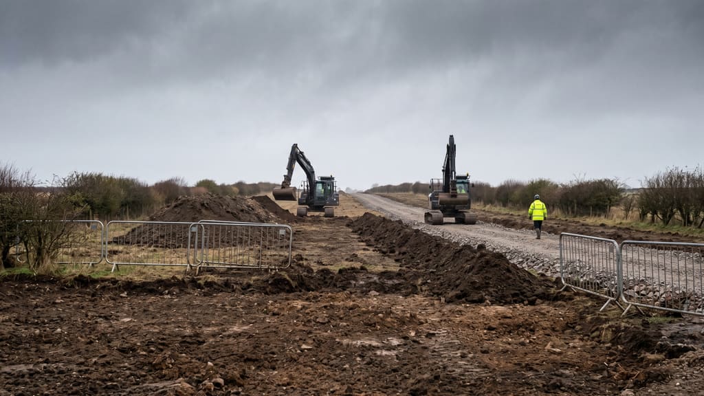 Two excavators working a stripped field with a new stone haul road going in and a banksman walking the line.