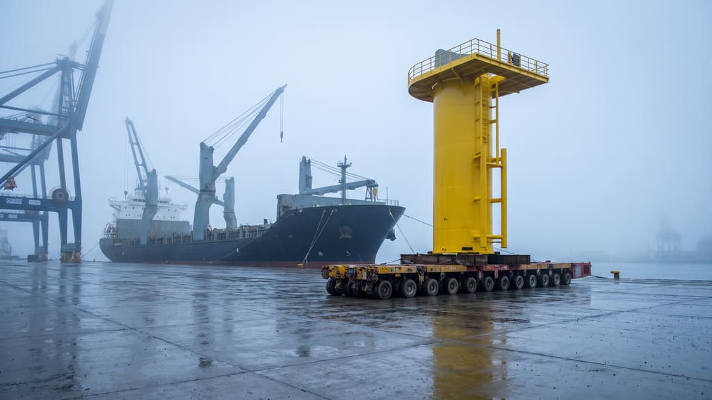 A yellow transition piece on self propelled trailers being moved along the quay towards a waiting ship in fog.