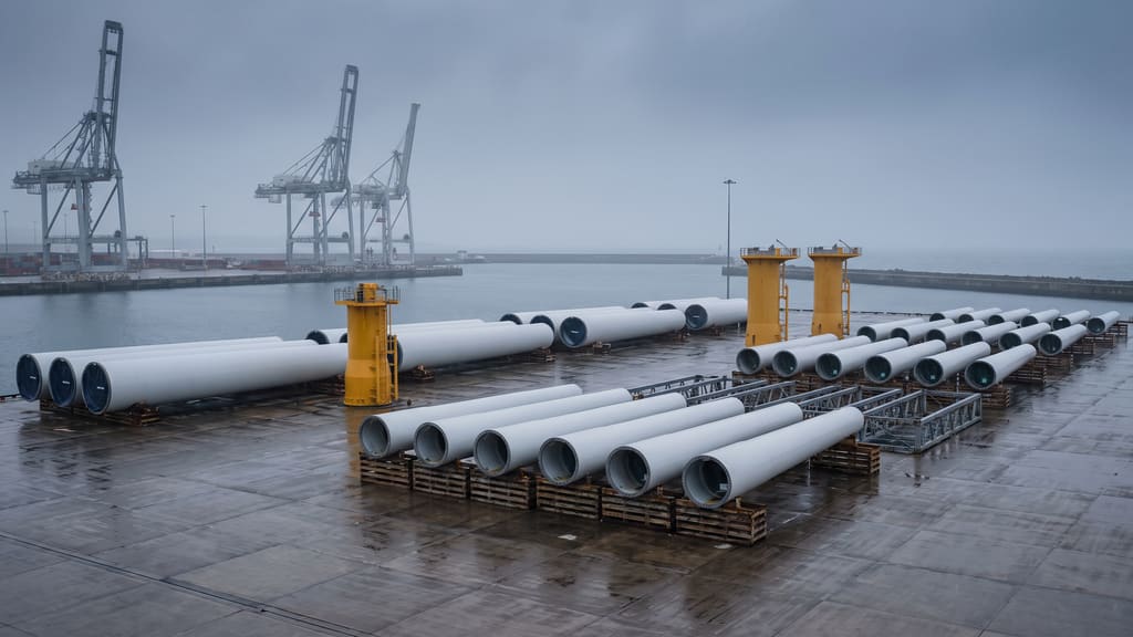Tower sections and transition pieces laid out on a wet marshalling quay, with container cranes standing behind.