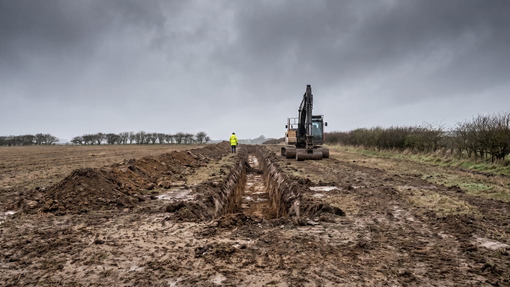 An open cable trench cut across a Northumberland field, with an excavator and a banksman at the far end under heavy cloud.