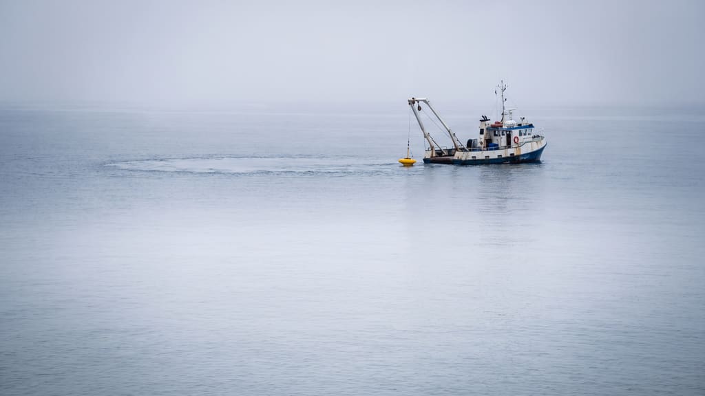 A small survey vessel working alone on a flat grey sea with a yellow buoy over the side.