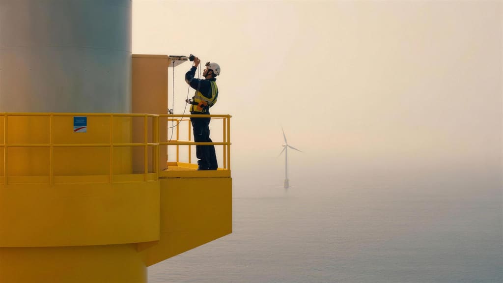 A technician in overalls and a hard hat working on the yellow transition piece of a turbine, high above a calm grey sea.